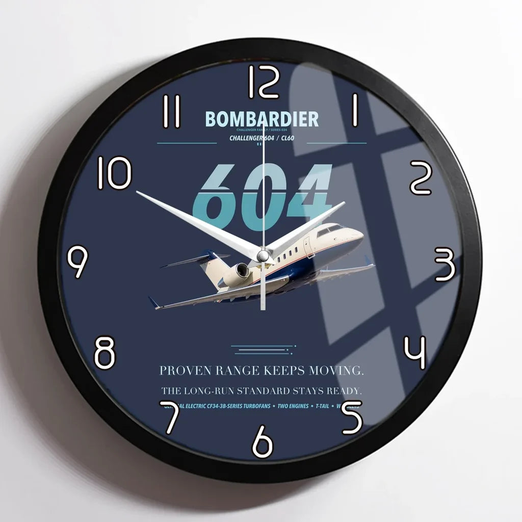 Bombardier Challenger 604 design on navy blue framed wall clock