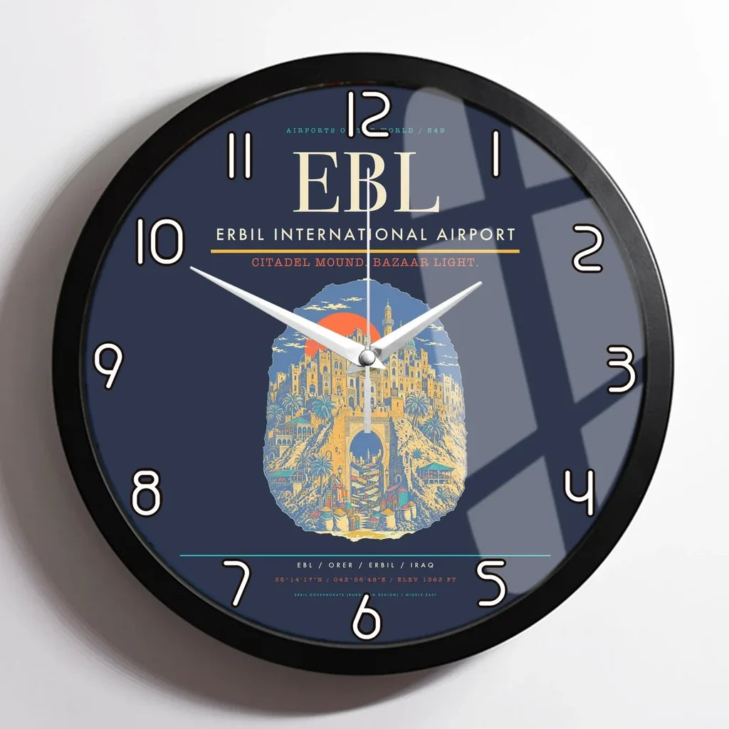 Erbil International Airport (EBL) design on navy blue framed wall clock