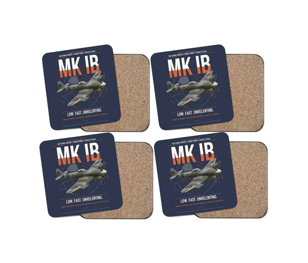 Hawker Typhoon Mk IB design on navy blue 4 pieces set coaster