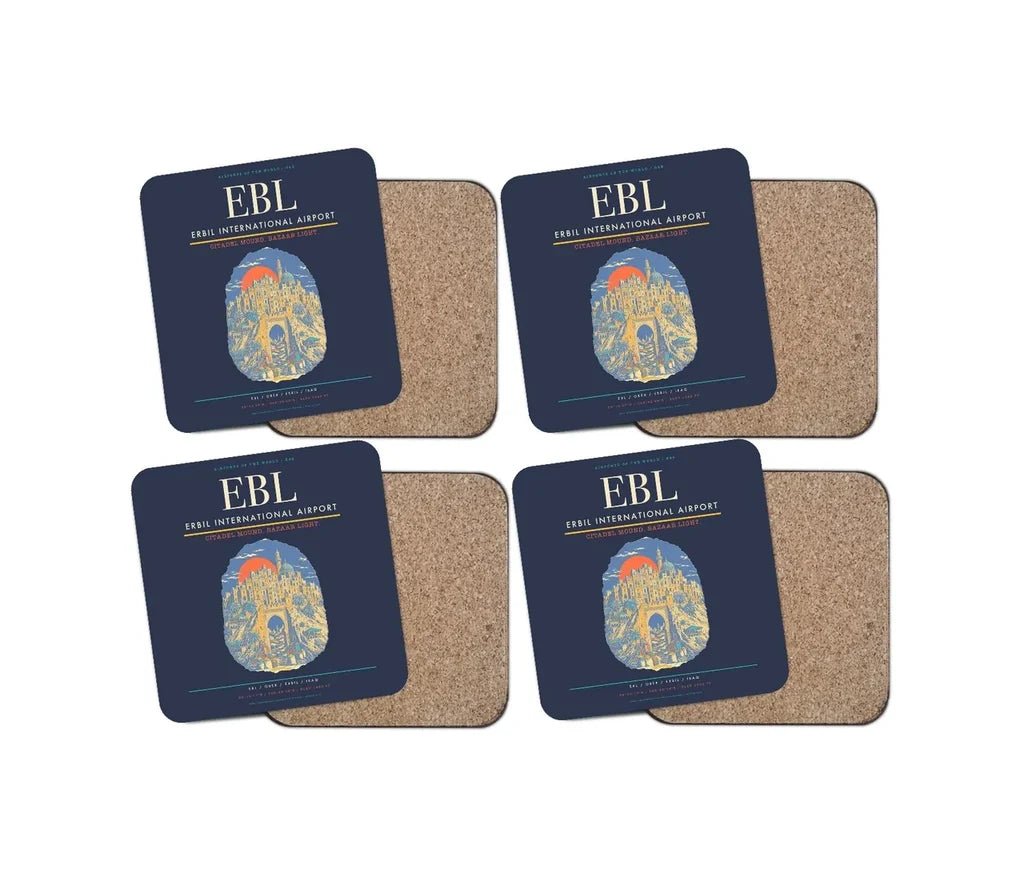 Erbil International Airport (EBL) design on navy blue 4 pieces set coaster