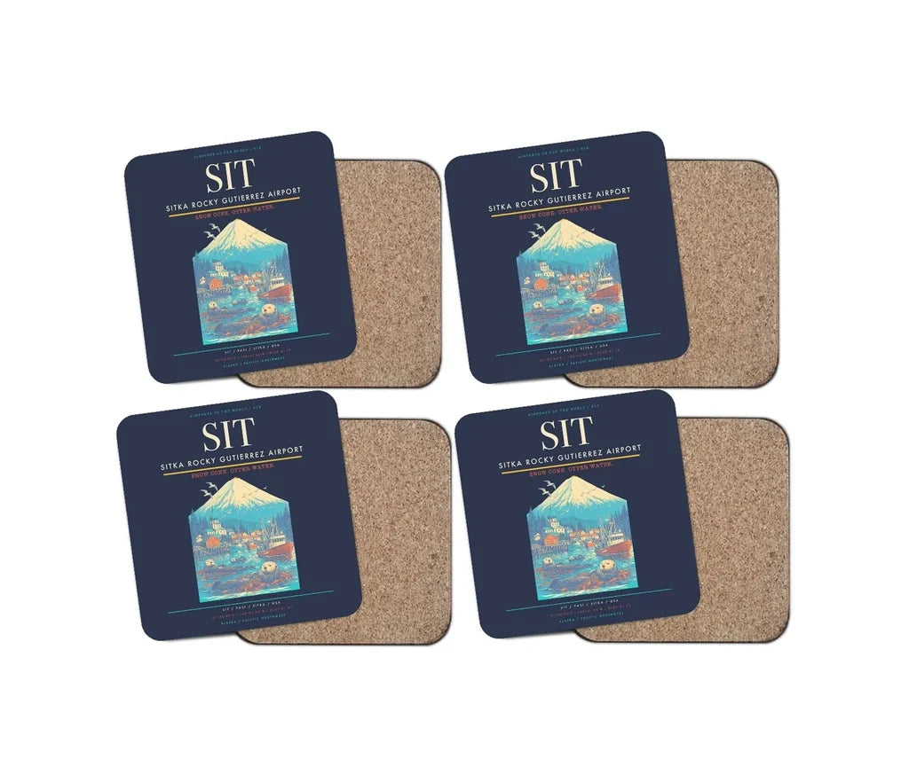 Sitka Rocky Gutierrez Airport (SIT) design on navy blue 4 pieces set coaster