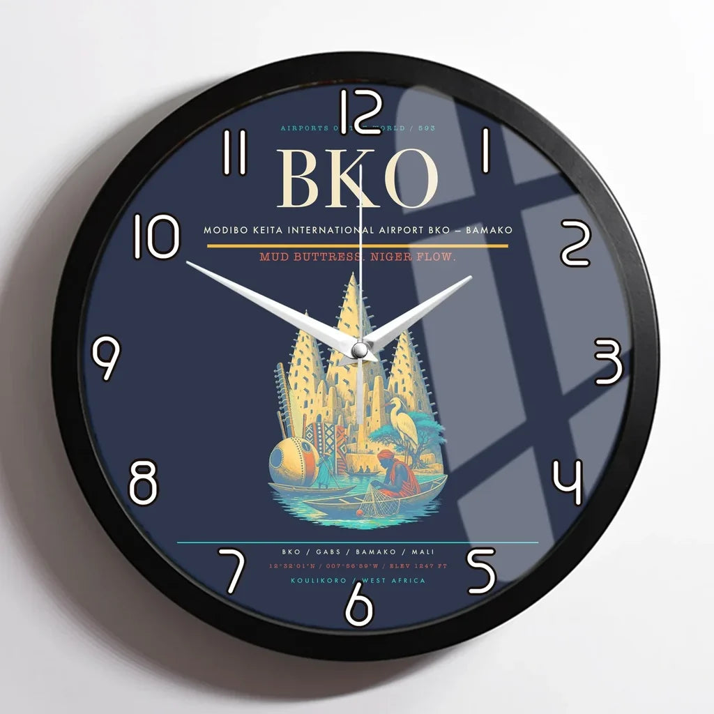 Modibo Keita International Airport (BKO) design on navy blue framed wall clock