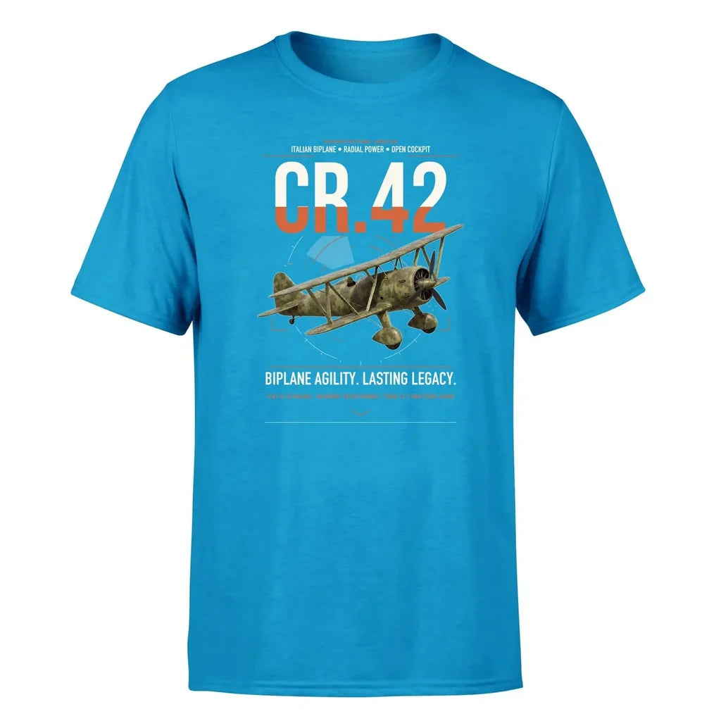 Fiat CR.42 Falco design on turquoise t-shirt, single-side print