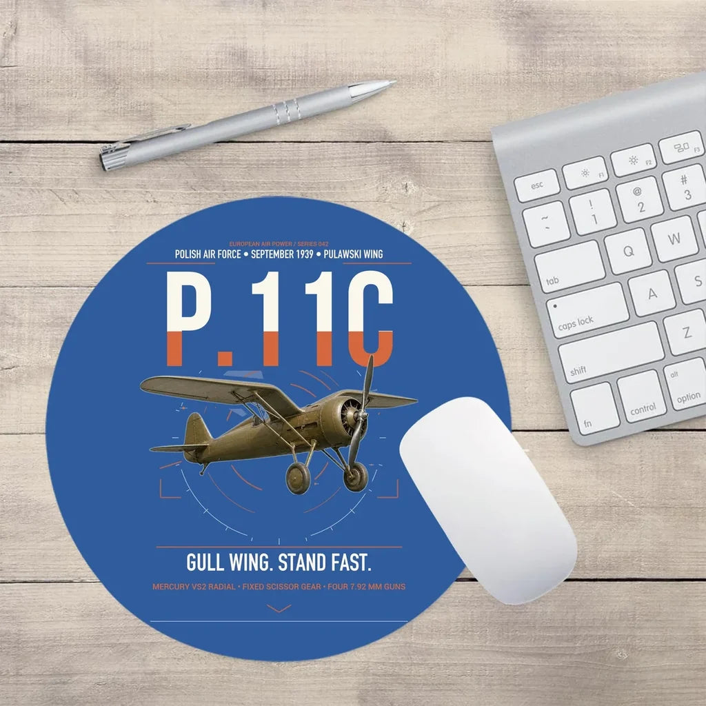 PZL P.11c design on blue round mouse pad