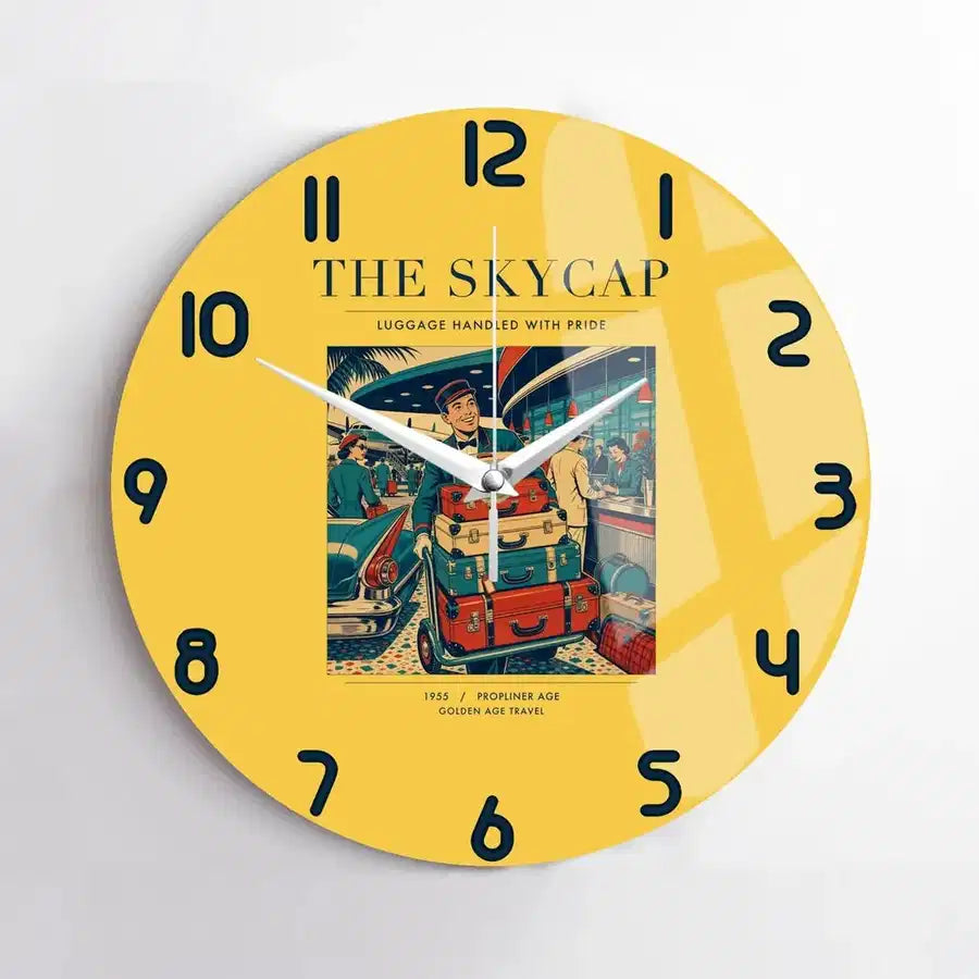 VINTAGE G4101 - The Skycap - Designed Wall Clocks design on yellow no-frame