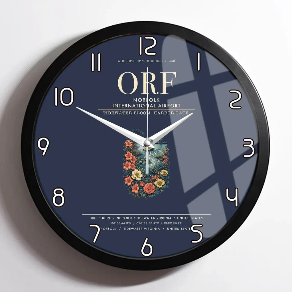 Norfolk International Airport (ORF) design on navy blue framed wall clock