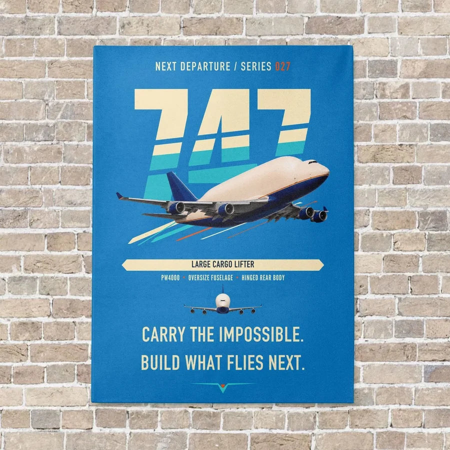 Boeing 747-400 Dreamlifter vertical canvas print - no frame - turquoise background