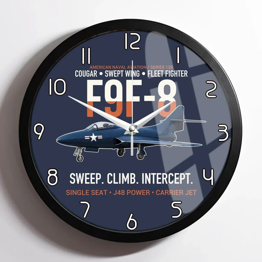 F9F-8 Cougar Swept Wing Carrier Fighter design on navy blue framed wall clock