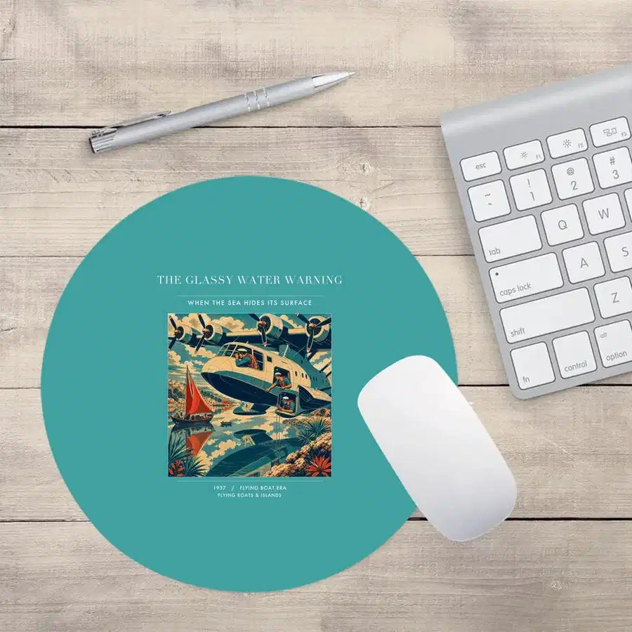 VINTAGE G4280 - The Glassy Water Warning - Designed Mouse Pads design on turquoise round
