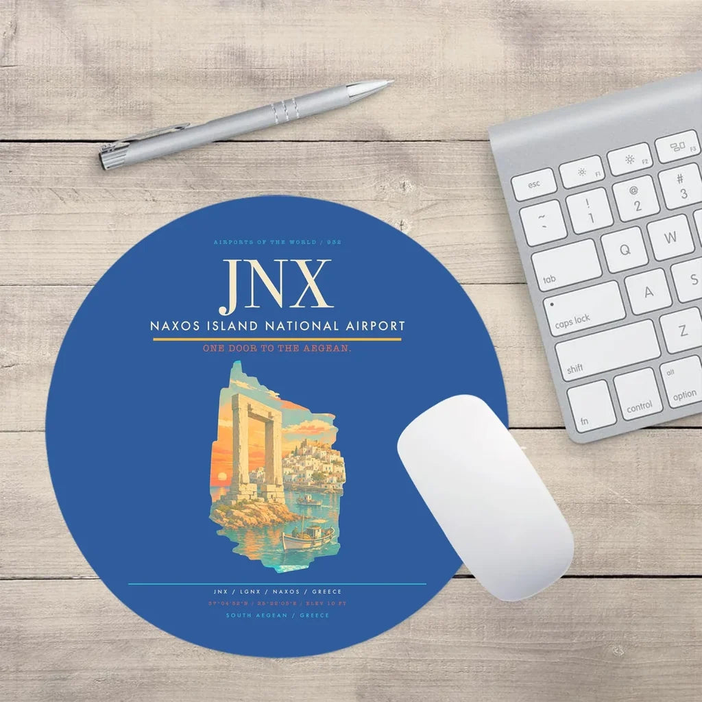 Naxos Island National Airport (JNX) design on blue round mouse pad