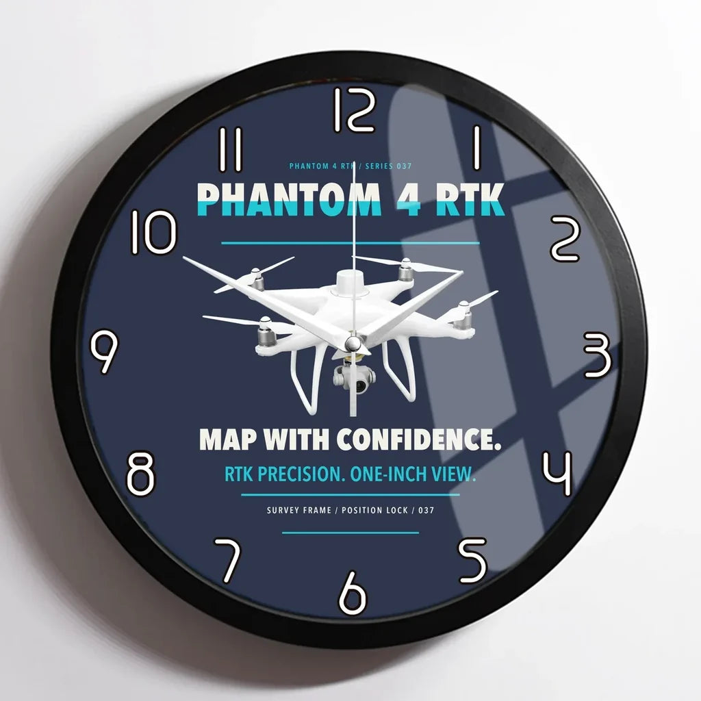 DJI Phantom 4 RTK design on navy blue framed wall clock