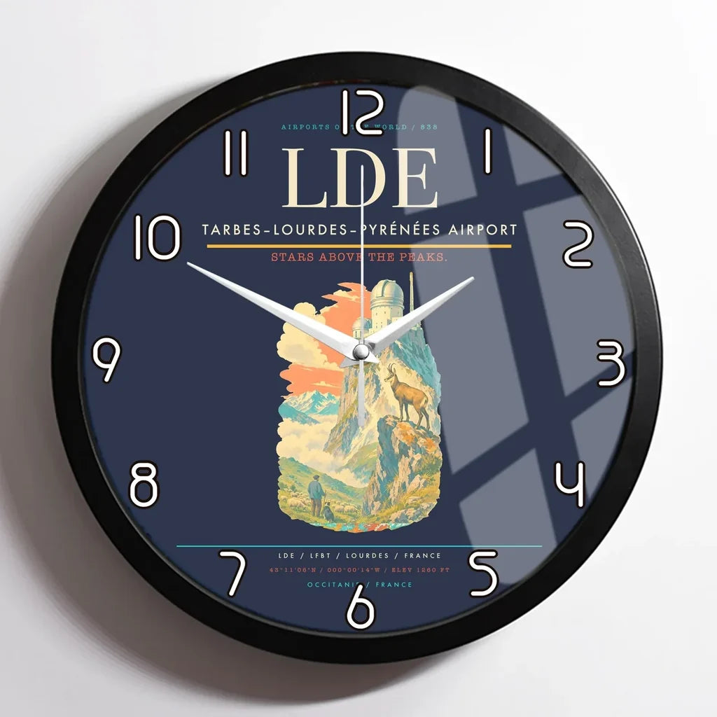 Tarbes–Lourdes–Pyrénées Airport (LDE) design on navy blue framed wall clock