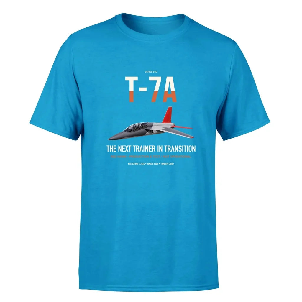 T-7A Red Hawk design on turquoise double-side t-shirt, single-side print