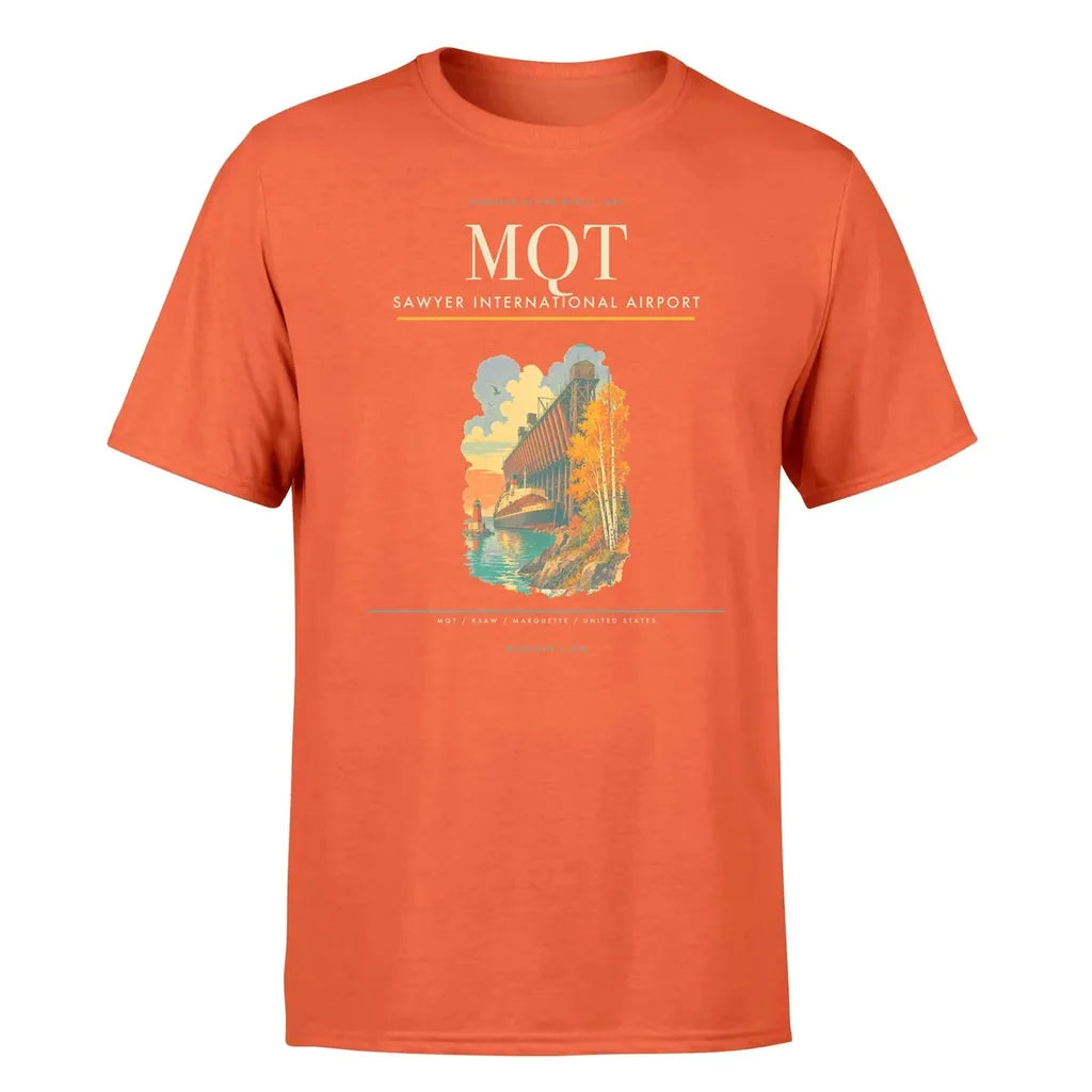 Sawyer International Airport (MQT) T-Shirt single-side front print in Orange | sawyer-international-airport-mqt-double-side-t-shirt