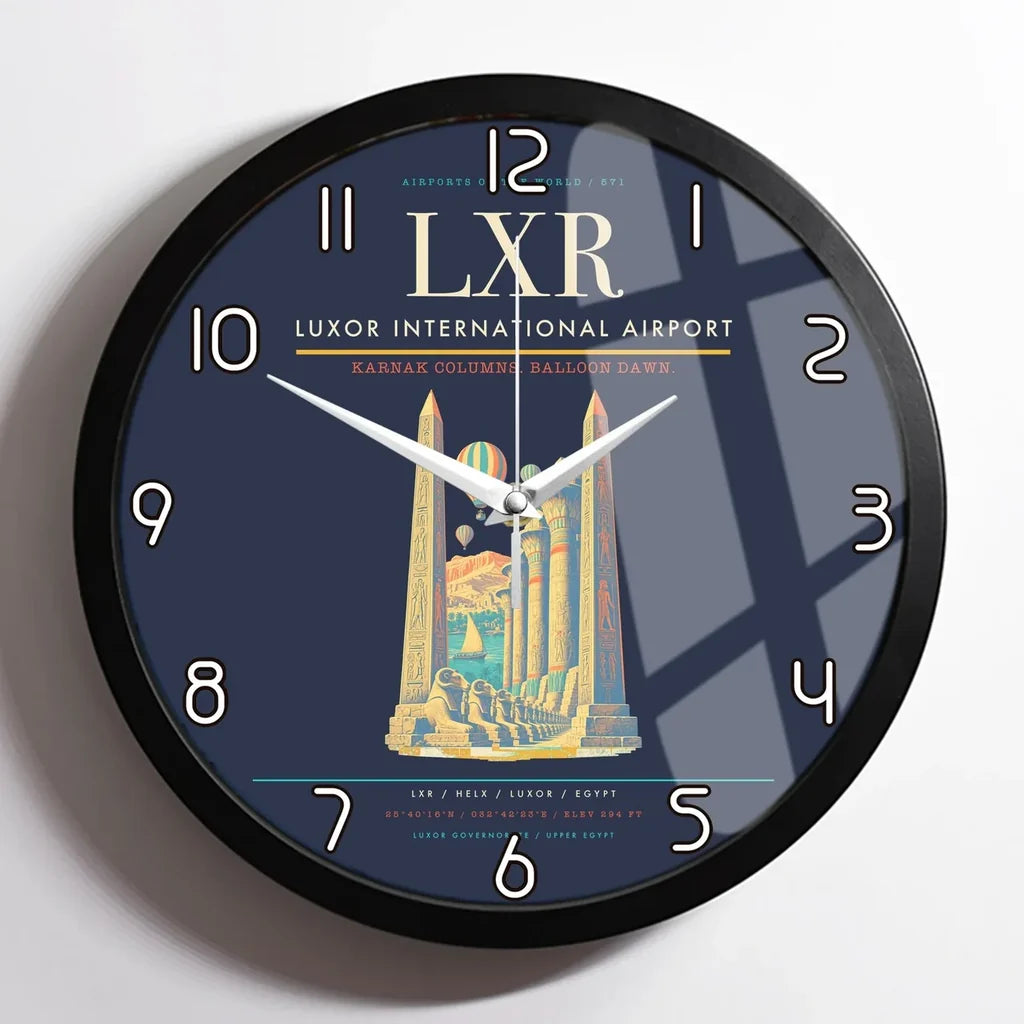 Luxor International Airport (LXR) design on navy blue framed wall clock