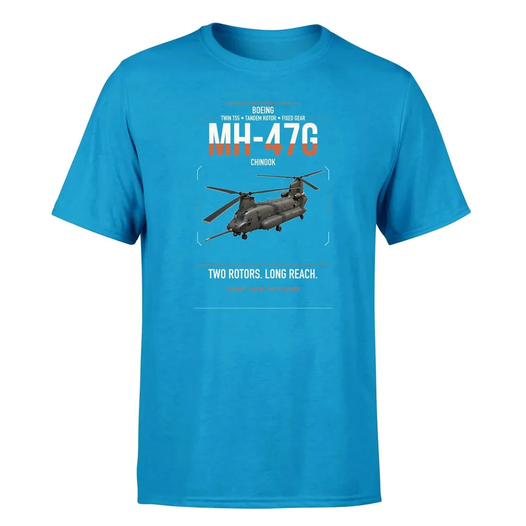 Boeing MH-47G Chinook design on turquoise t-shirt, single-side print