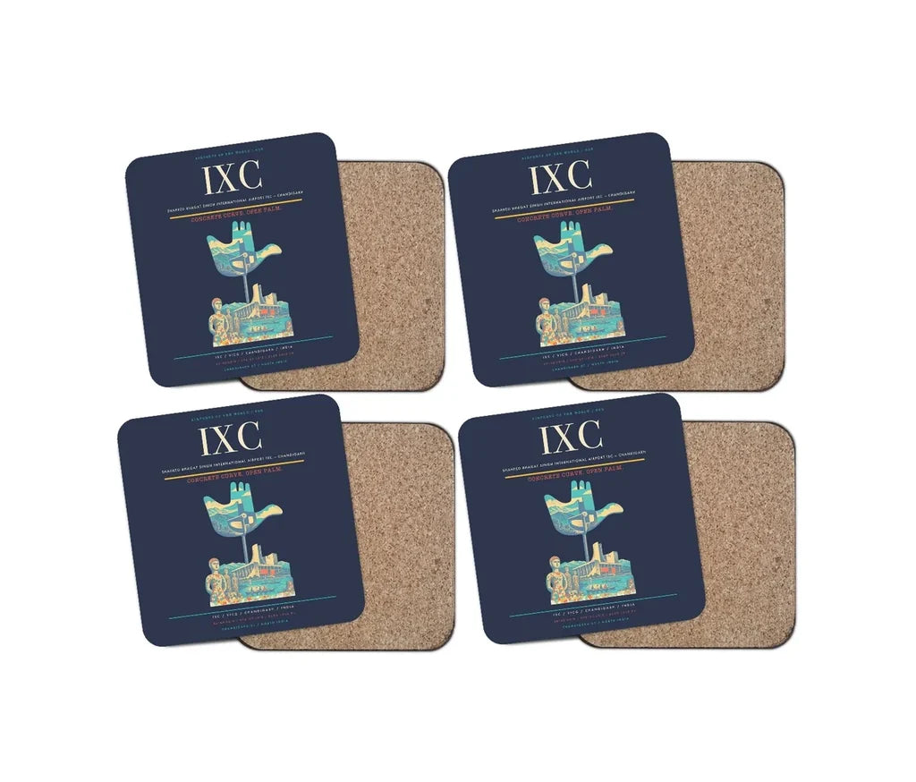 Shaheed Bhagat Singh International Airport (IXC) design on navy blue 4 pieces set coaster