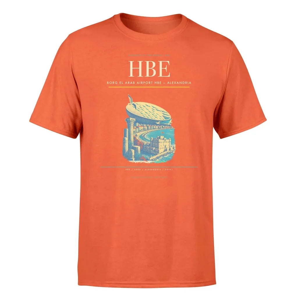 Borg El Arab Airport (HBE) T-Shirt single-side front print in Orange | borg-el-arab-airport-hbe-double-side-t-shirt