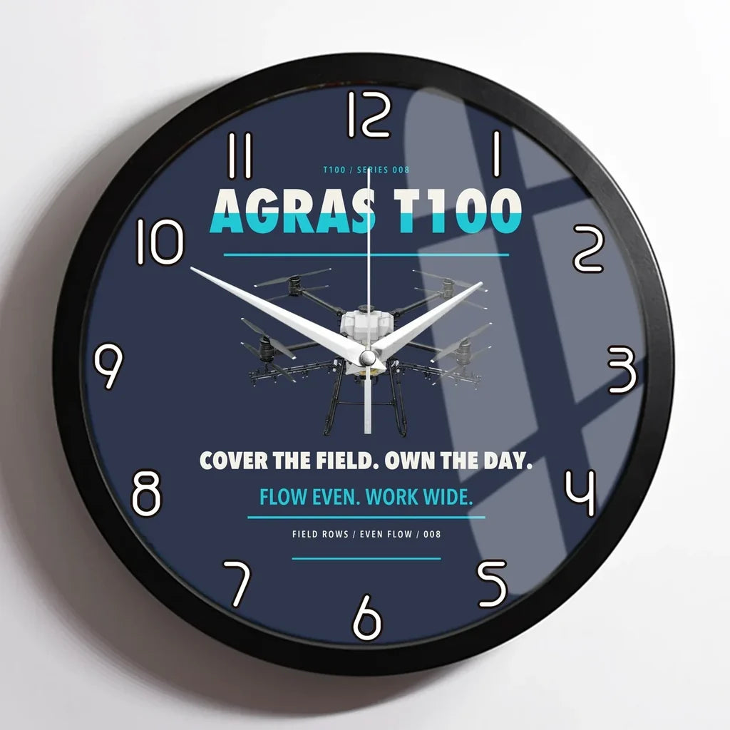 DJI Agras T100 design on navy blue framed wall clock