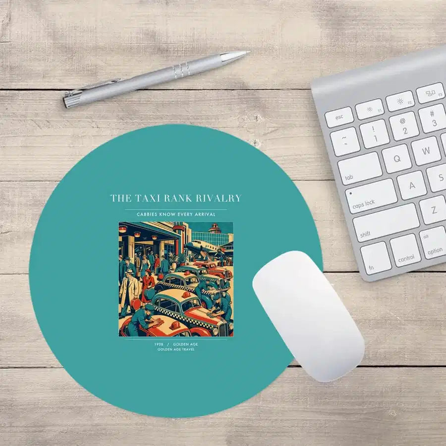 VINTAGE G4376 - The Taxi Rank Rivalry - Designed Mouse Pads design on turquoise round