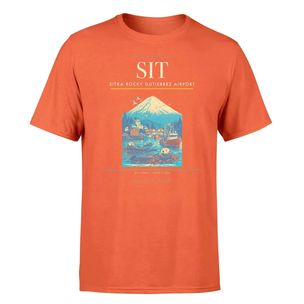 Sitka Rocky Gutierrez Airport (SIT) T-Shirt single-side front print in Orange | sitka-rocky-gutierrez-airport-sit-double-side-t-shirt