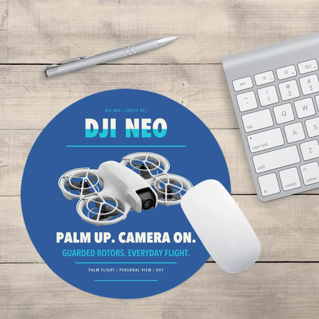 DJI Neo design on blue round mouse pad