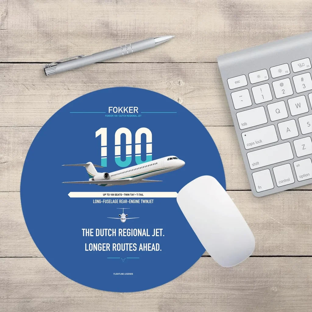 Fokker 100 design on blue round mouse pad