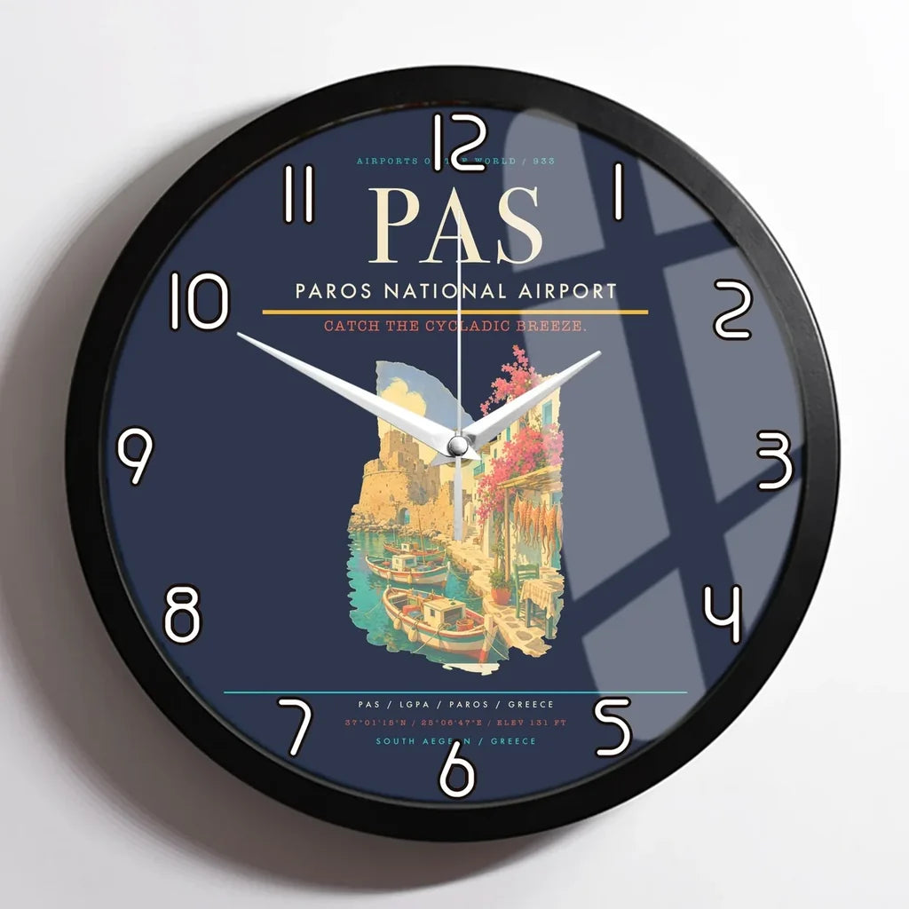 Paros National Airport (PAS) design on navy blue framed wall clock