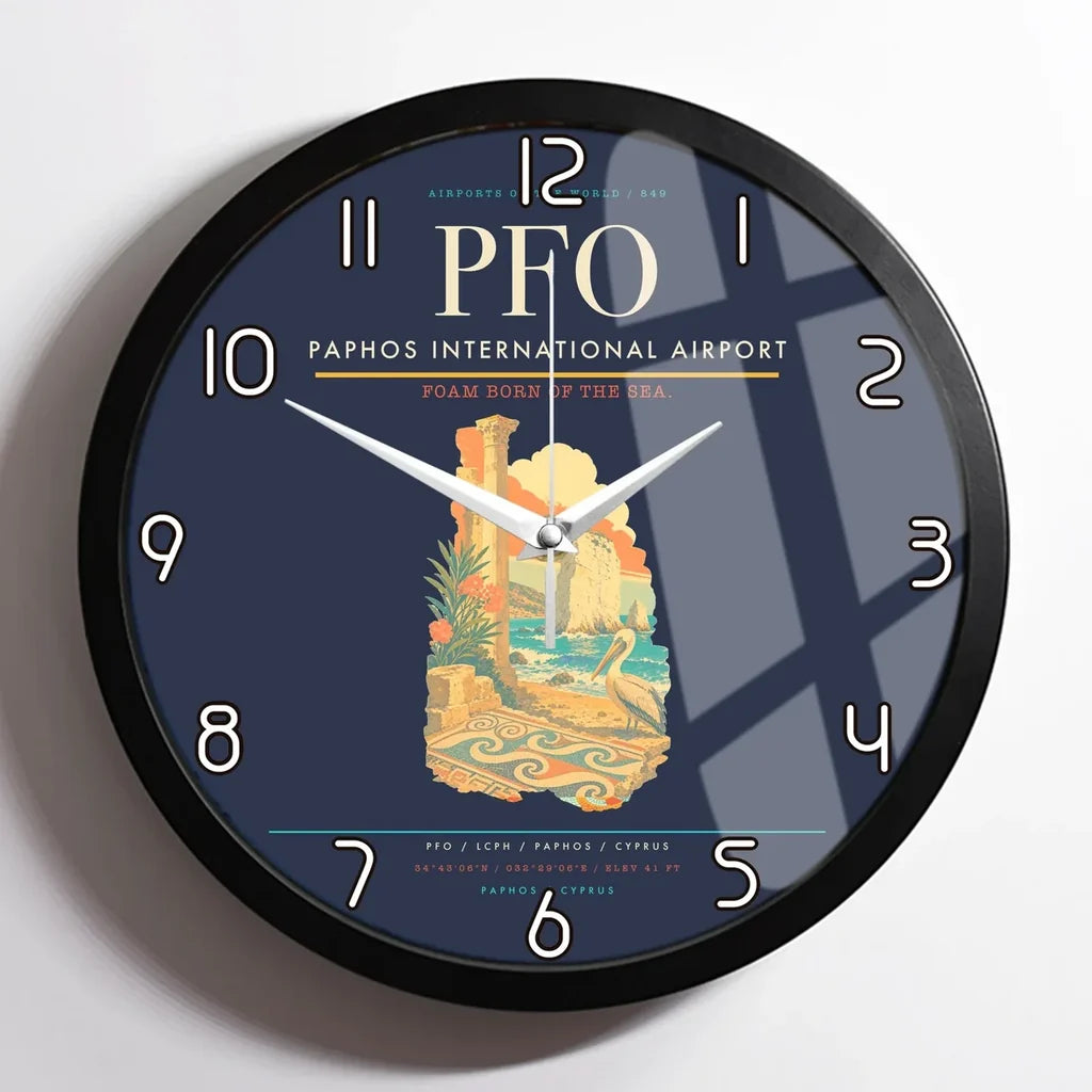 Paphos International Airport (PFO) design on navy blue framed wall clock