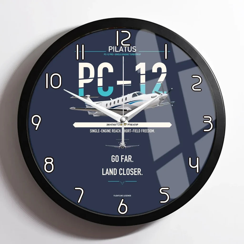 Pilatus PC-12 PRO design on navy blue framed wall clock