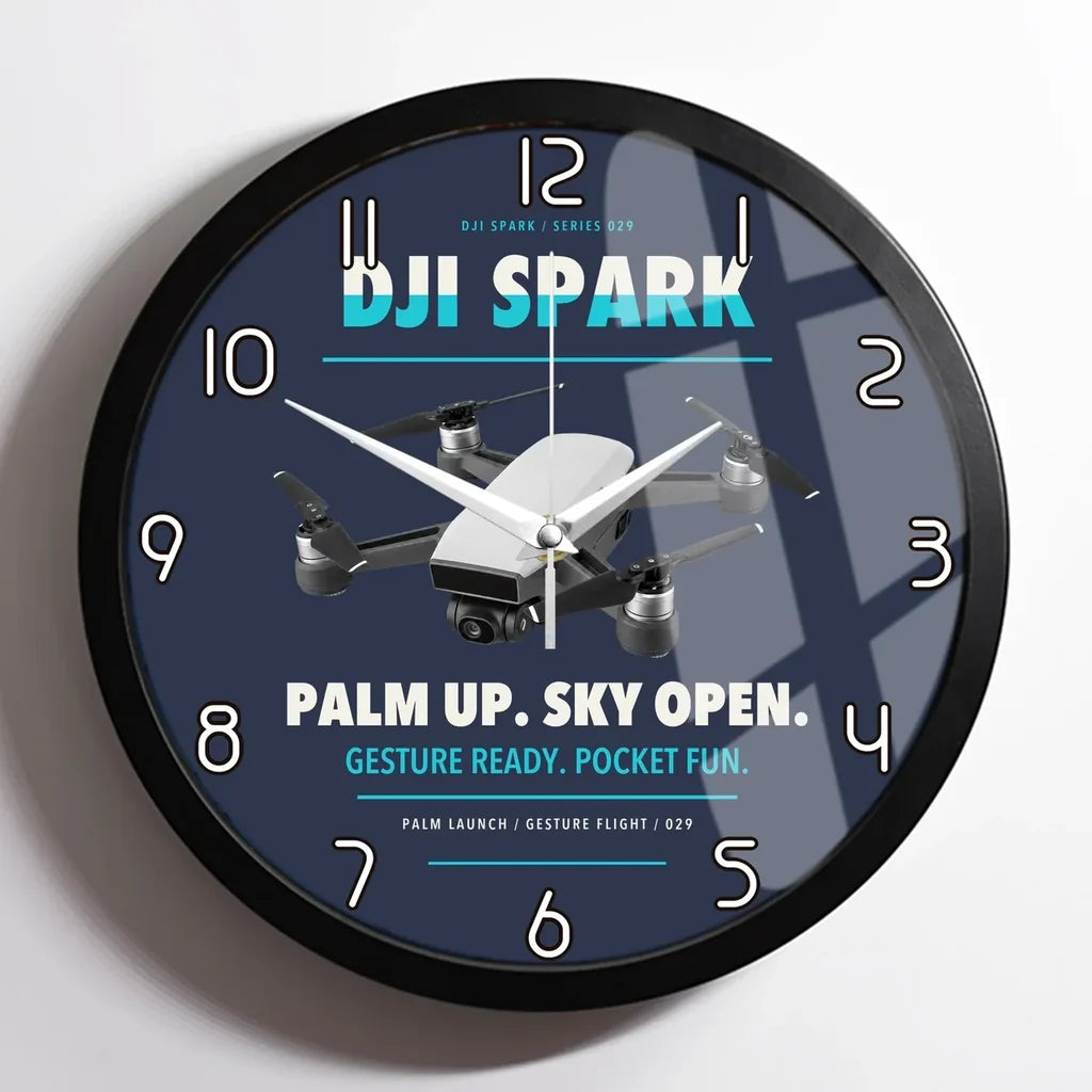 DJI Spark design on navy blue framed wall clock