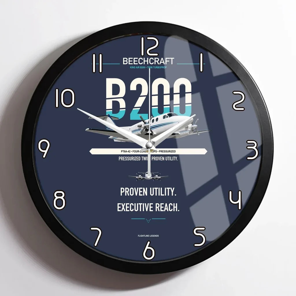 Beechcraft King Air B200 design on navy blue framed wall clock