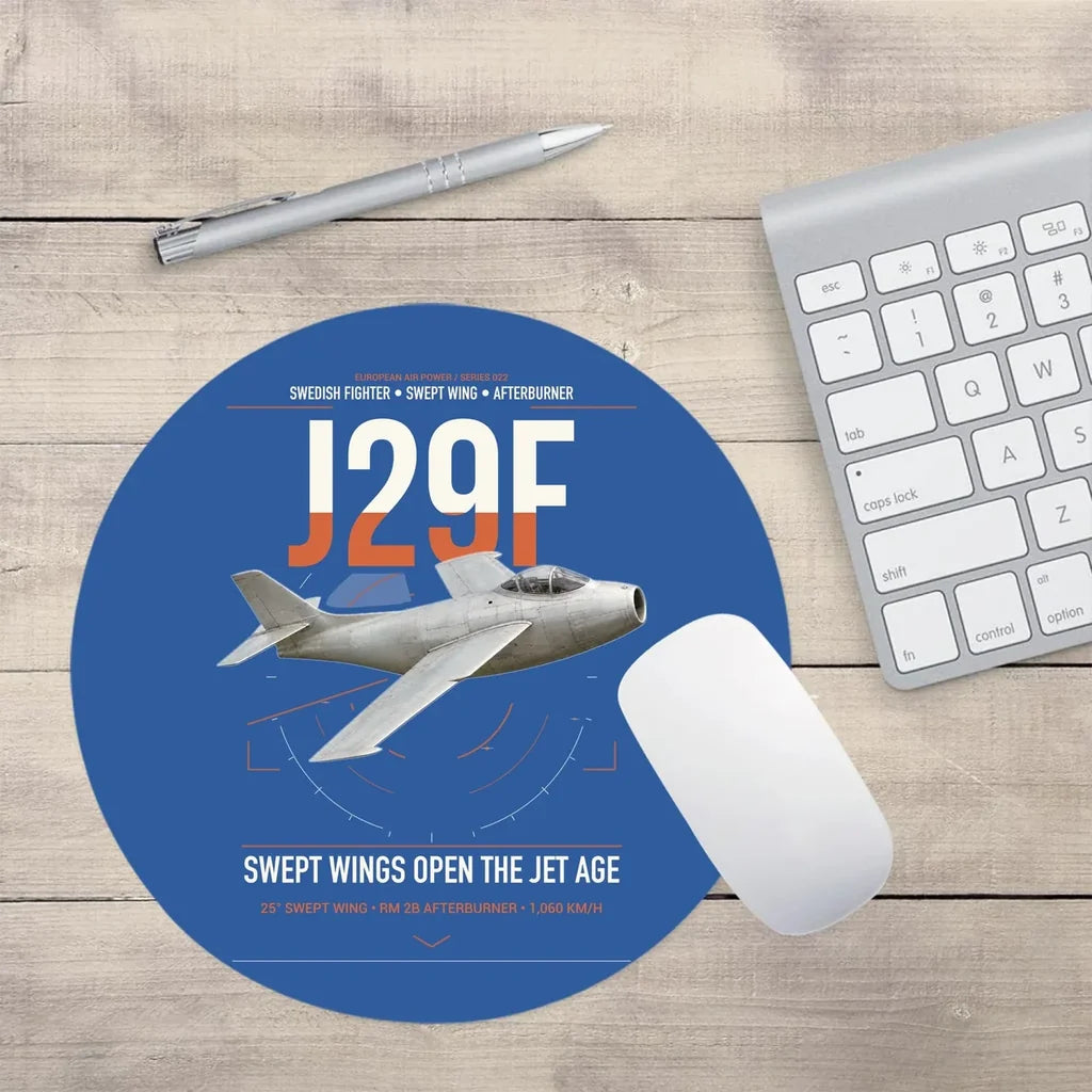 Saab J 29F Tunnan design on blue round mouse pad