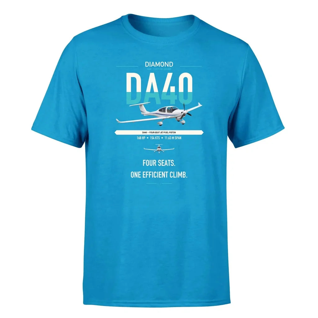 Diamond DA40 design on turquoise t-shirt, single-side print