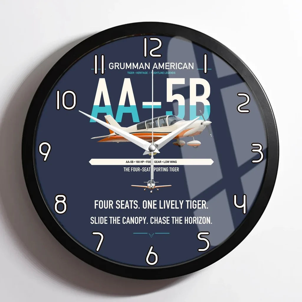 Grumman American AA-5B Tiger design on navy blue framed wall clock