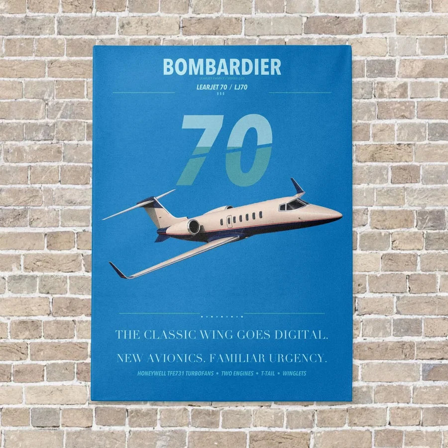 Bombardier Learjet 70 vertical canvas print - no frame - turquoise background