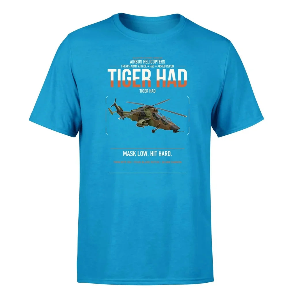 Airbus Helicopters Tiger HAD design on turquoise t-shirt, single-side print