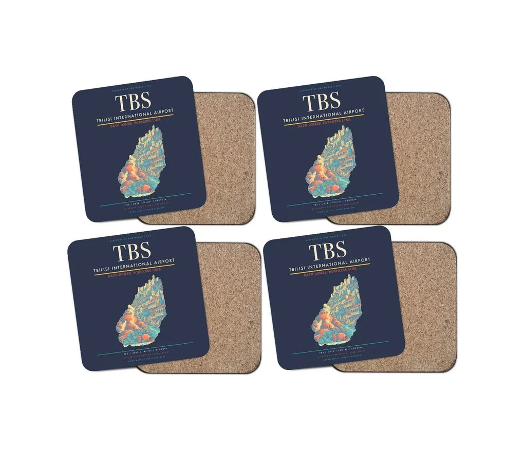 Tbilisi International Airport (TBS) design on navy blue 4 pieces set coaster