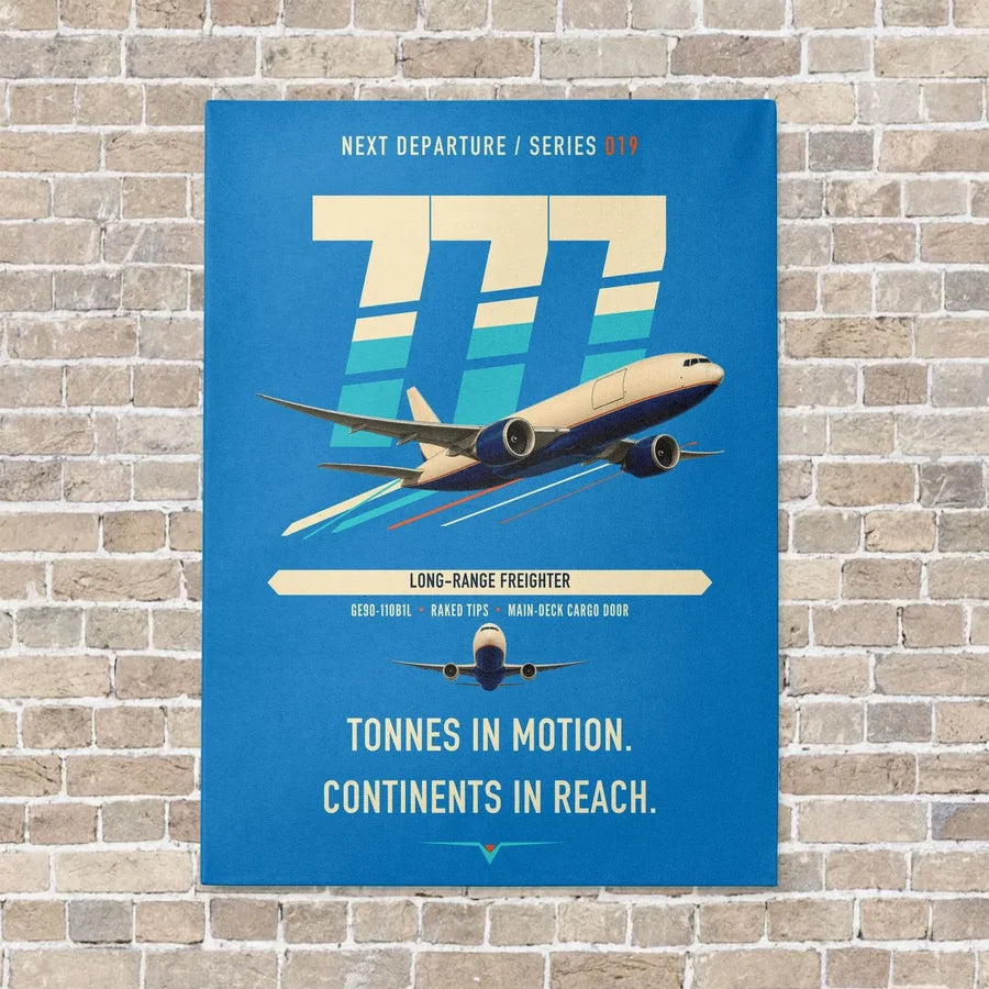 Boeing 777F vertical canvas print - no frame - turquoise background