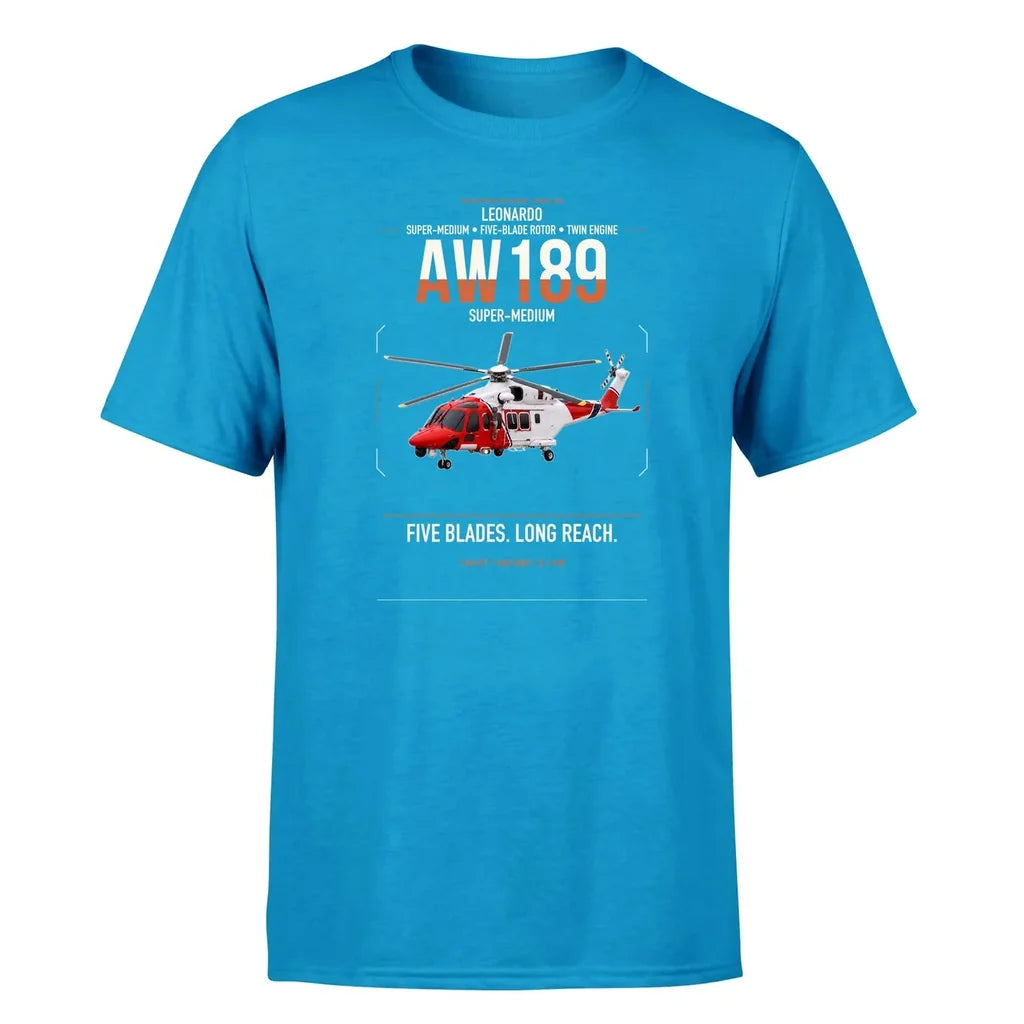 Leonardo AW189 design on turquoise t-shirt, single-side print
