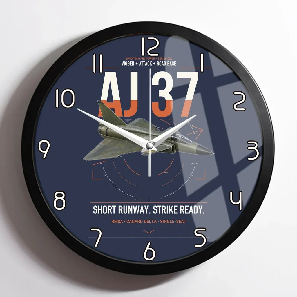 Saab AJ 37 Viggen design on navy blue framed wall clock