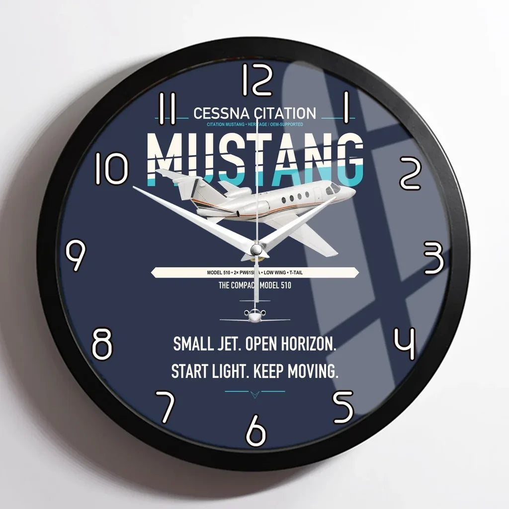 Cessna Citation Mustang design on navy blue framed wall clock