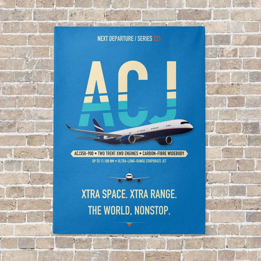 Airbus ACJ350 / exact ACJ350-900 vertical canvas print - no frame - turquoise background