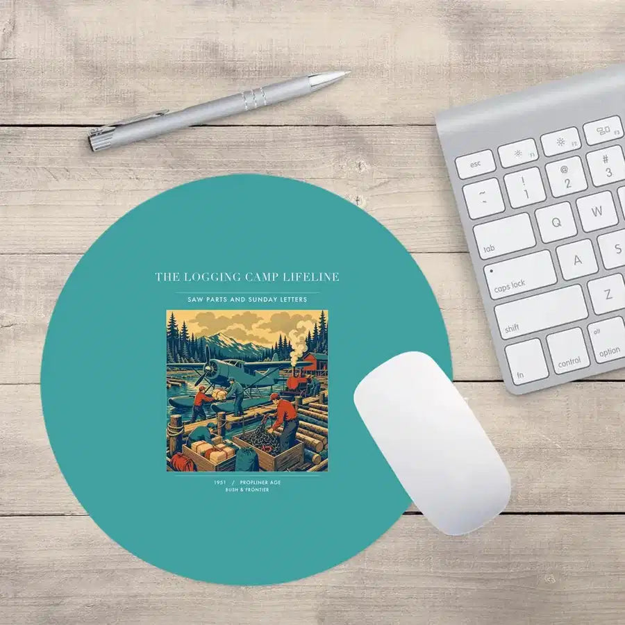 VINTAGE G4488 - The Logging Camp Lifeline - Designed Mouse Pads design on turquoise round