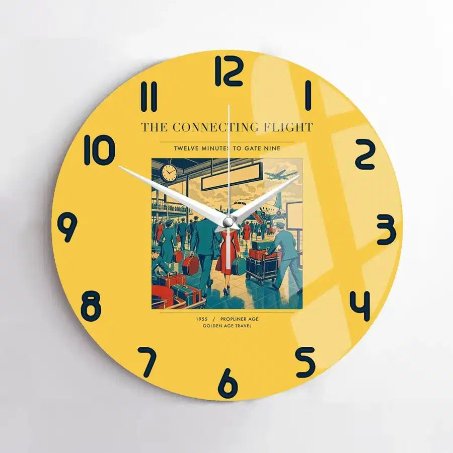 VINTAGE G4088 - The Connecting Flight - Designed Wall Clocks design on yellow no-frame