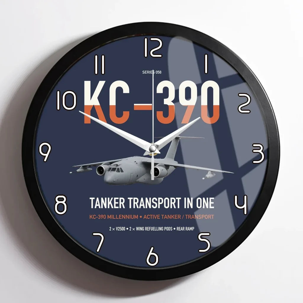 Embraer KC-390 Millennium design on navy blue framed wall clock