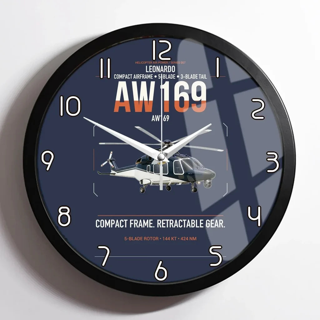 Leonardo AW169 design on navy blue framed wall clock