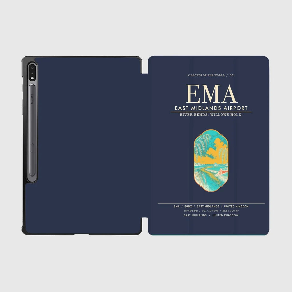 East Midlands Airport (EMA) design on navy blue samsung tablet tablet case