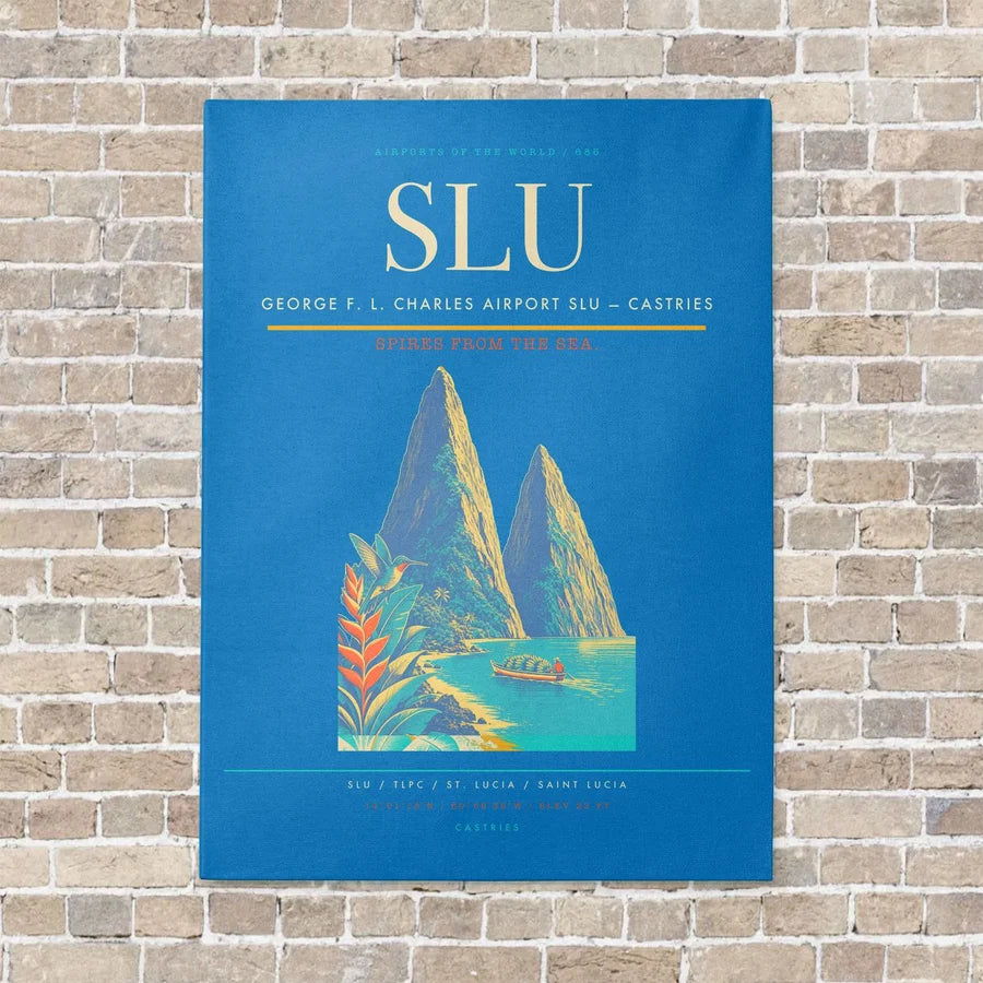George F. L. Charles Airport SLU — Castries vertical canvas print - no frame - turquoise background