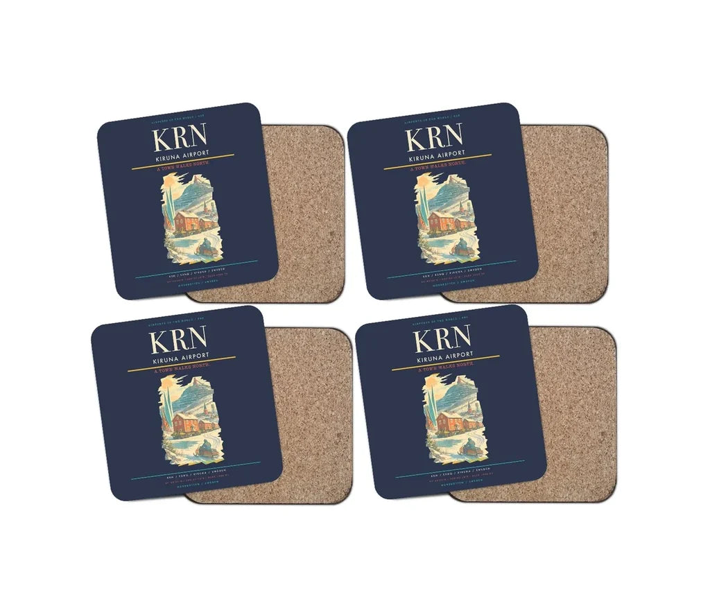 Kiruna Airport (KRN) design on navy blue 4 pieces set coaster